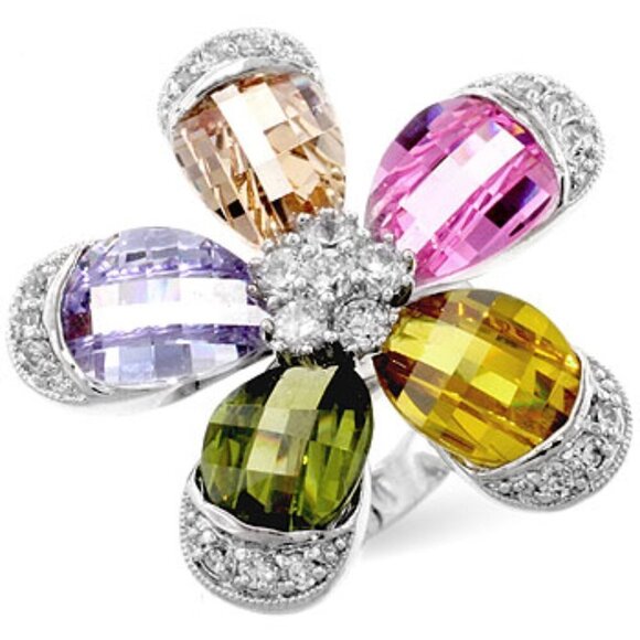 Multicolor Pastel Rainbow Cubic Zirconia Bloom Cz Chunky Big Flower Ring Size 8 - Picture 3 of 5